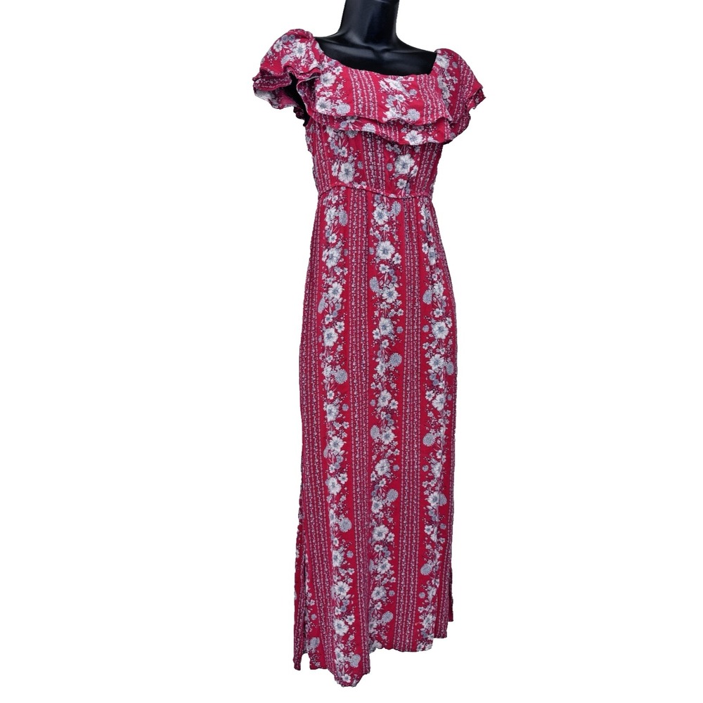 Floral Off The‎ Shoulder Maxi Dress Red Crinkly High Slit Boho Beach S tropical